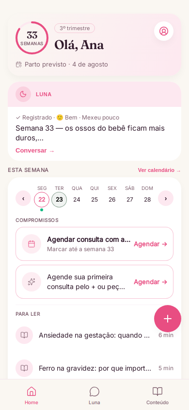 Tela Home do app Tô Grávida